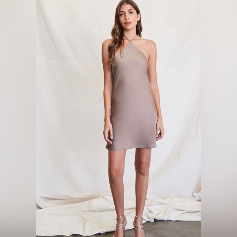 Taupe Satin Halter Slip Dress